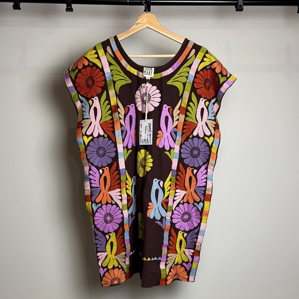 Hand-Embroidered Floral & Bird Tunic Mini Dress Brown with Multicolor Stitching